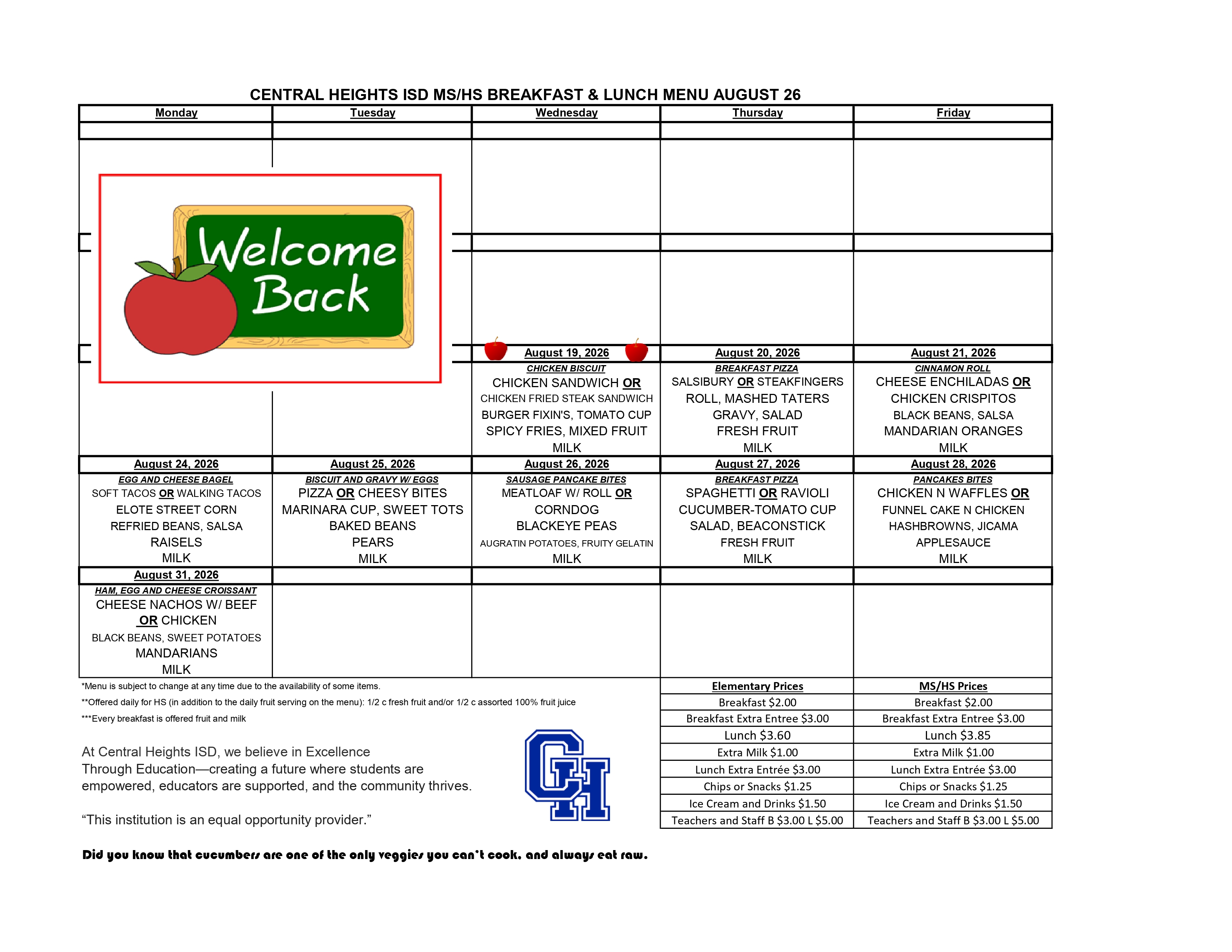 August 2026 Menu for CH MS & HS